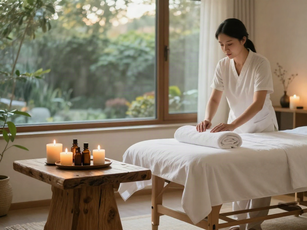 Relieving stress with 간석동출장마사지 in a soothing massage therapy room.