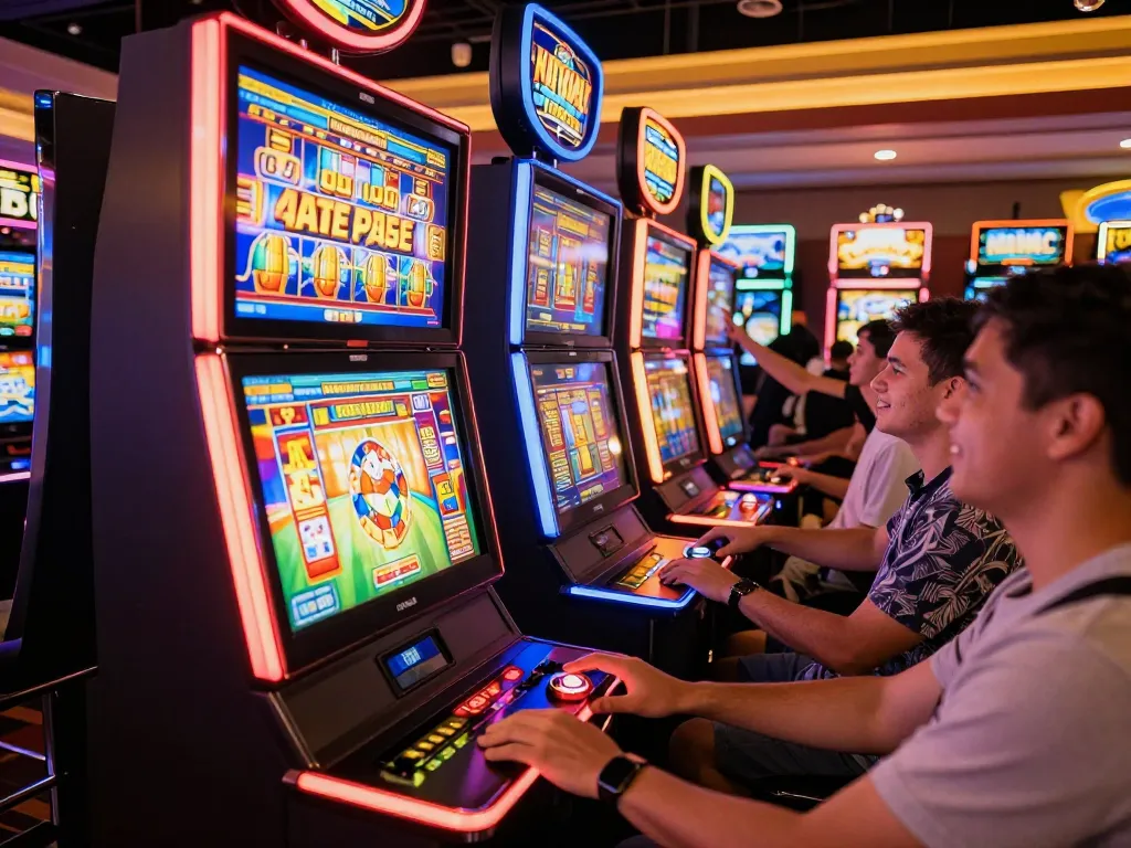 Players enjoying thrilling judi slot games at a colorful casino slot machine area