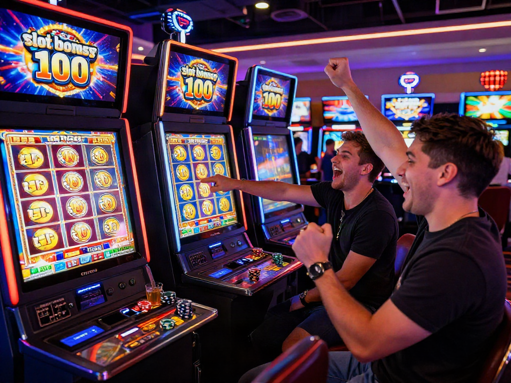 Exciting gaming scene with players celebrating a slot bonus new member 100 win amidst neon casino lights.