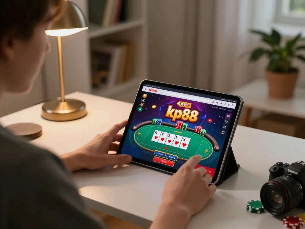 Engaging with kp88 com poker game on tablet in a cozy home setting, showcasing online gaming excitement