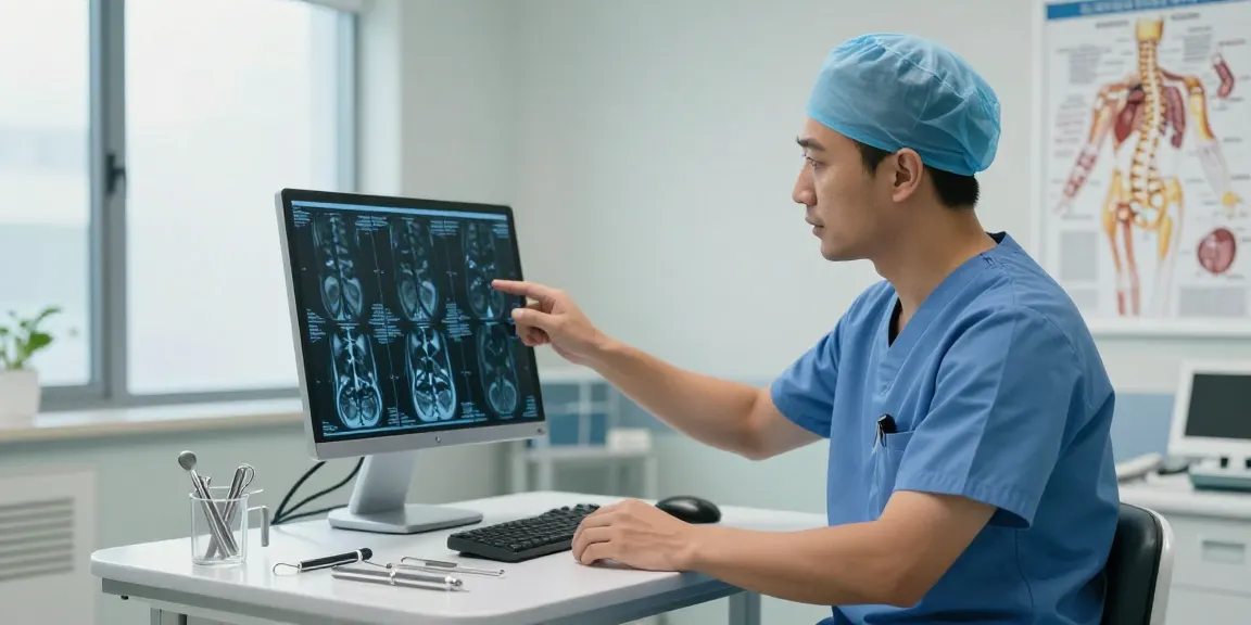 Bel kayması ameliyatı surgical consultation with a spine surgeon and patient examination of MRI scans, demonstrating advanced healthcare techniques.