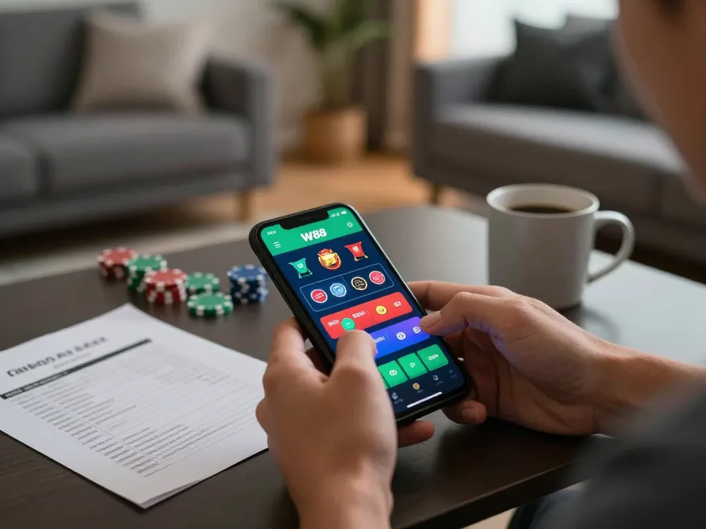 Engaging home gaming with W88 app on smartphone, illustrating online betting excitement.