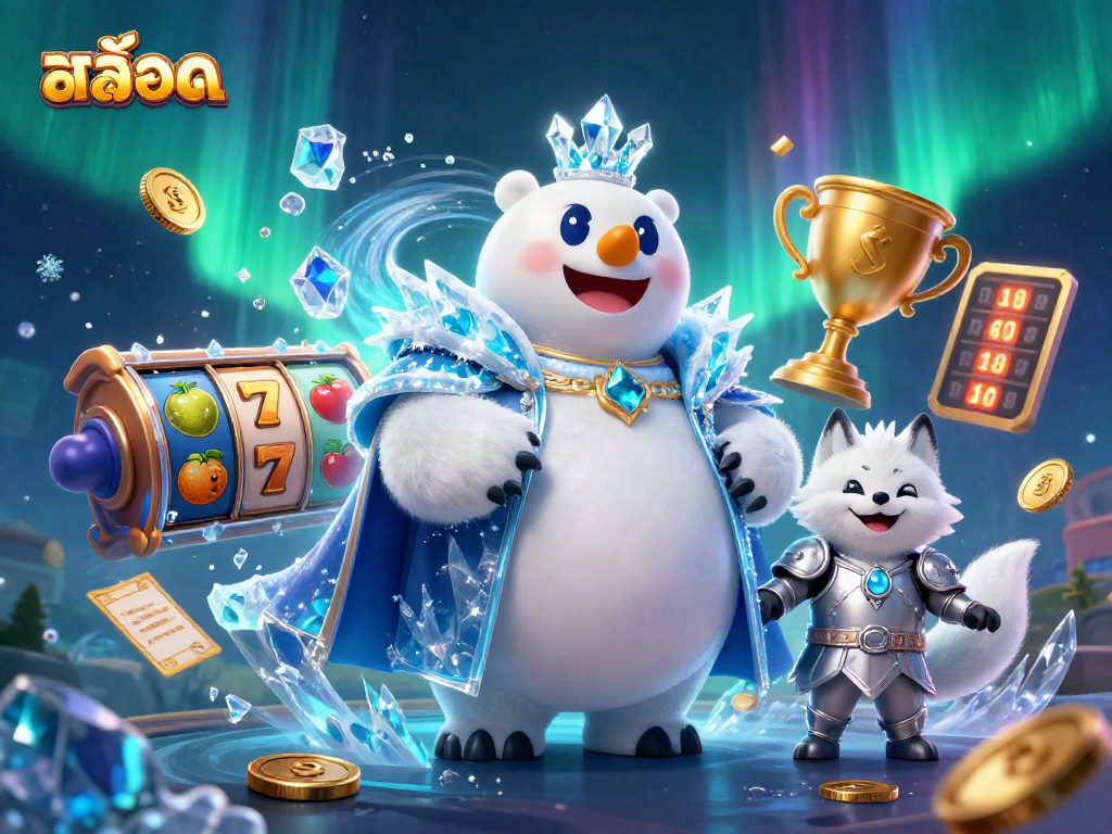 Experience slots excitement with สล็อต, featuring a polar bear king and snow fox in a dynamic casino scene.