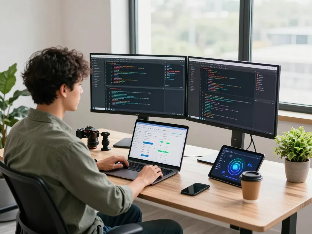 快连 software developer testing optimized network solutions in modern office workspace.
