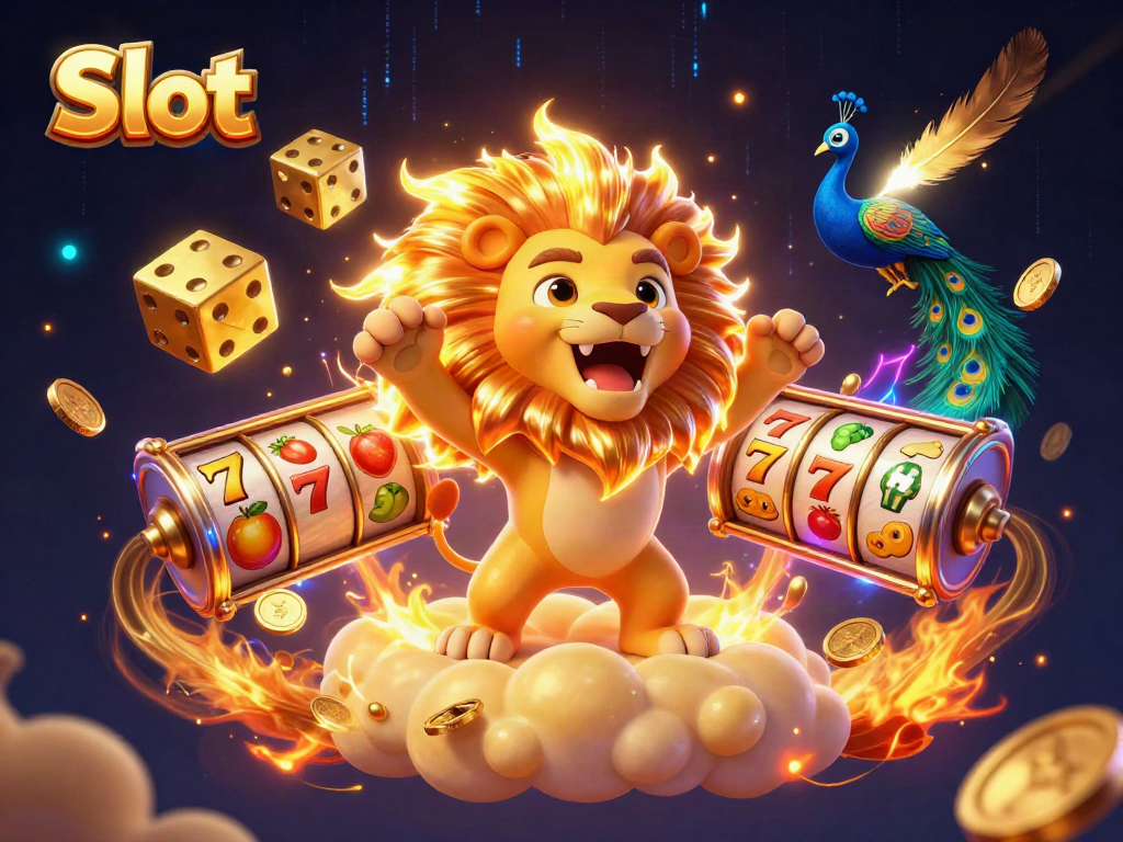 Spin slot reels alongside a roaring sun lion in a rich casino scene.