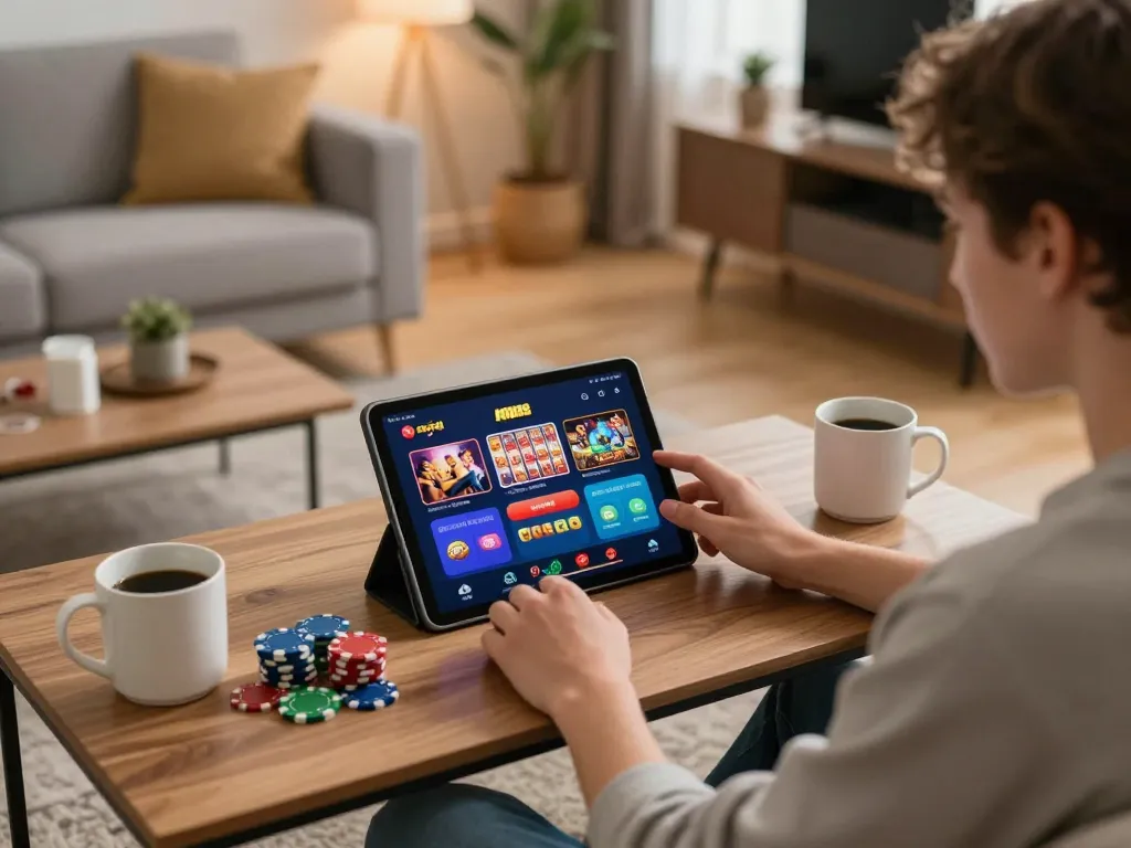 Engaging in slot88 gaming on a tablet at home, demonstrating relaxed online gambling.