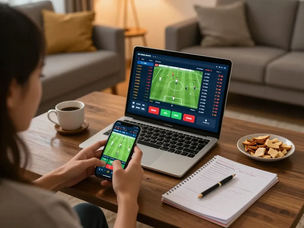 Kèo nhà cái 55 setup showing a person engaging in sports betting with smartphone and laptop in a cozy living room.