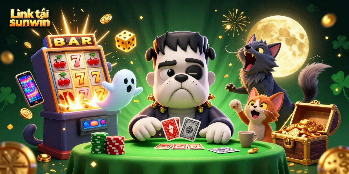 Engage with Link tải sunwin as the Frankenstein bulldog monster deals cards at a vibrant casino.