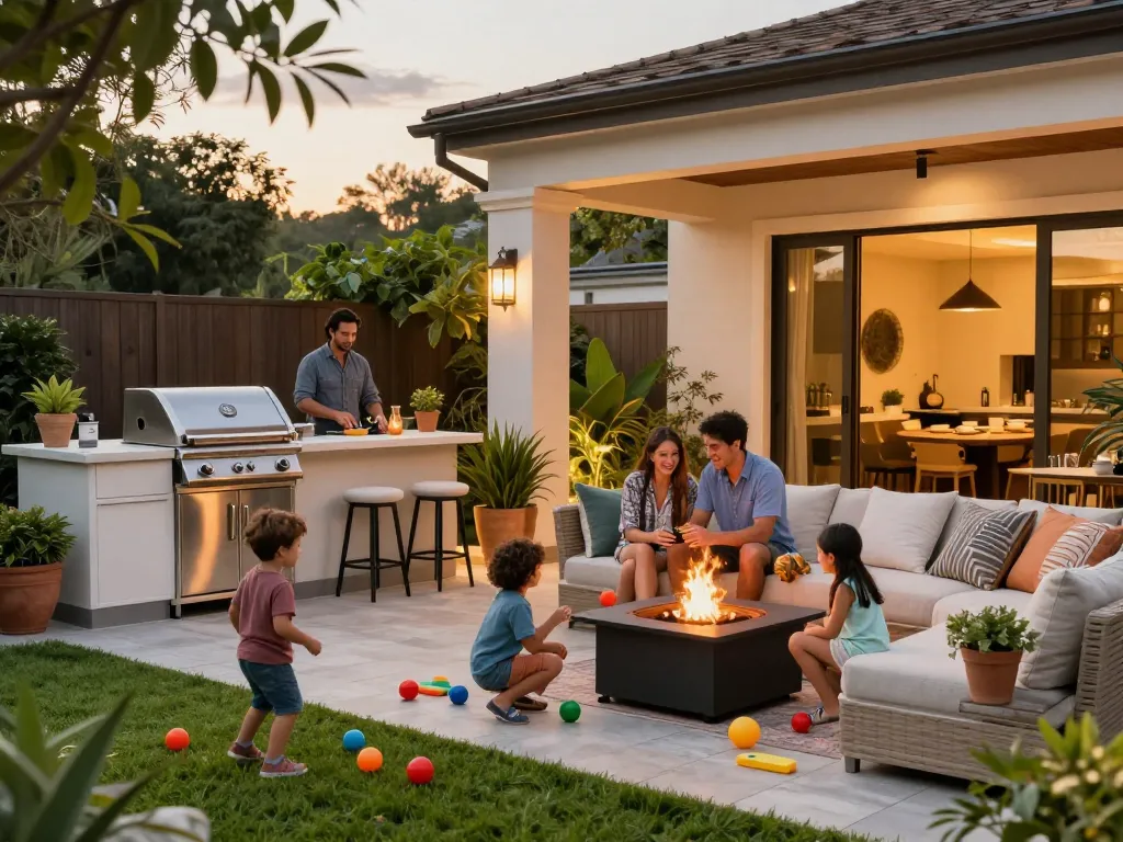 Family enjoying an outdoor living configurator setup with grill and seating.
