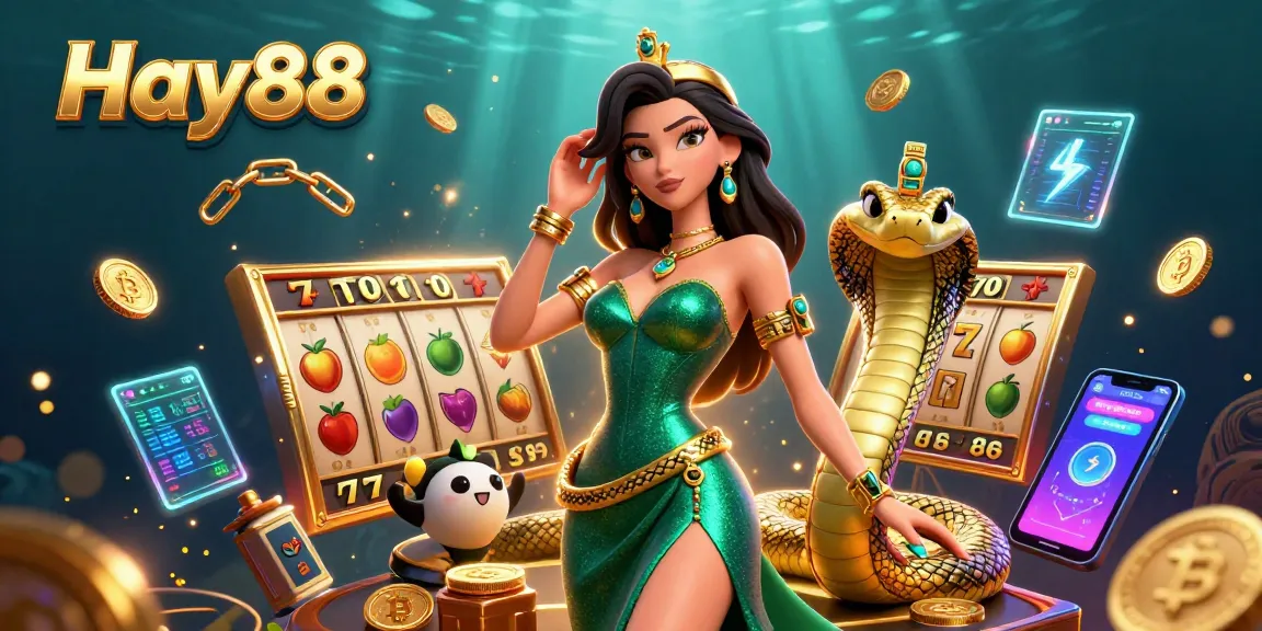 Experience the thrilling excitement of Hay88 with a vibrant casino scene featuring slot games and golden elements.