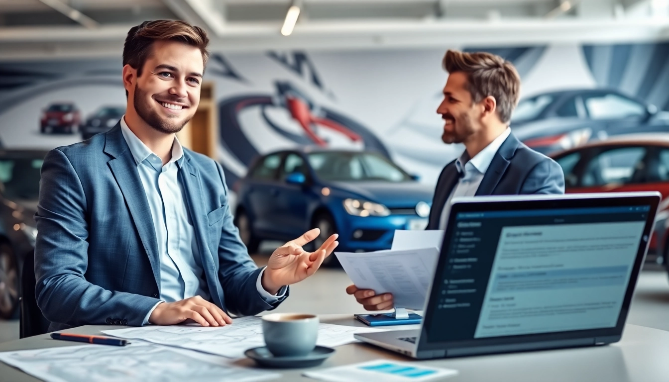 Engaging vehicle service contract provider discussing options with a customer in a professional office setting.