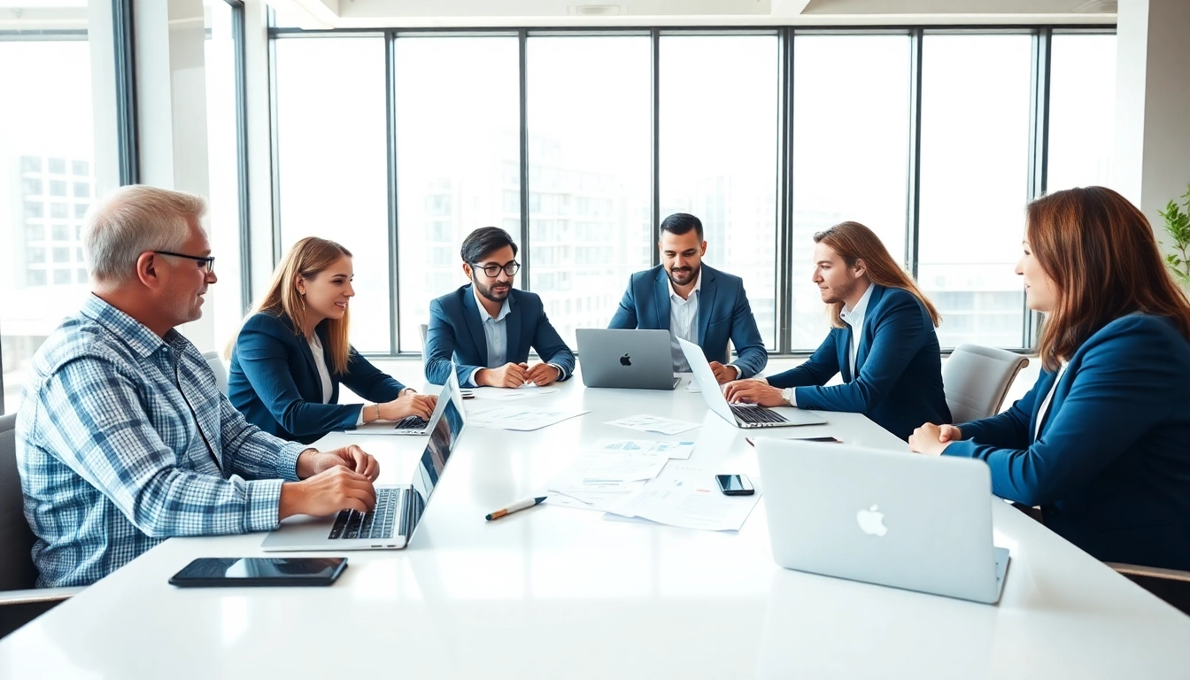 SEO consulting in a professional office setting highlighting teamwork and strategy discussions.