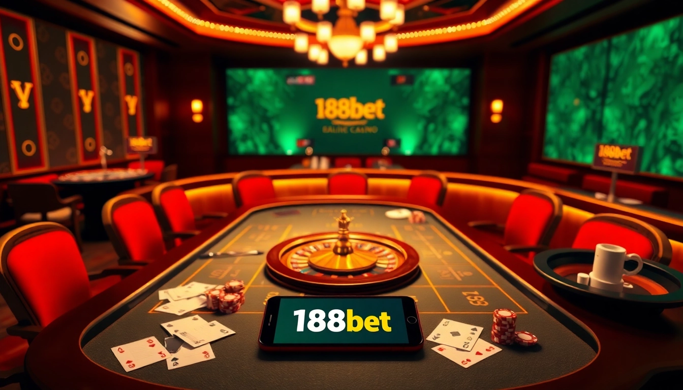 An immersive online casino scene showcasing link 188bet with a live dealer table and vibrant gaming elements.