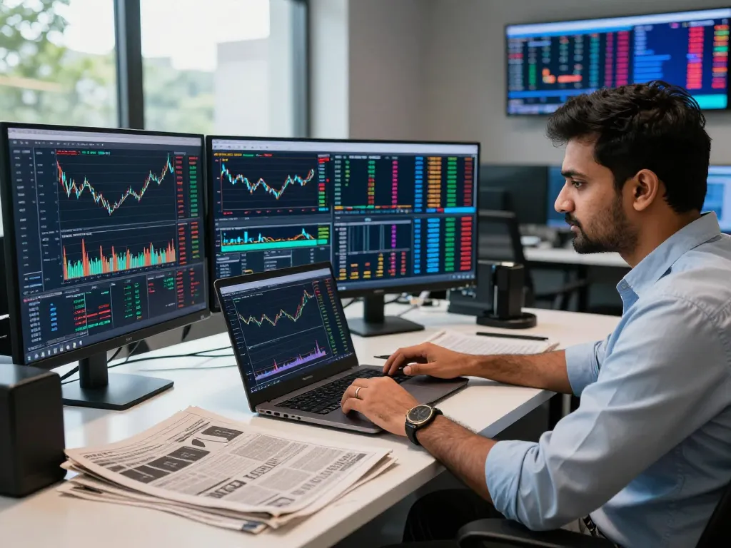 Focused trader utilizing a CFD trading platform in India, analyzing live market data on multiple screens in a modern workspace.