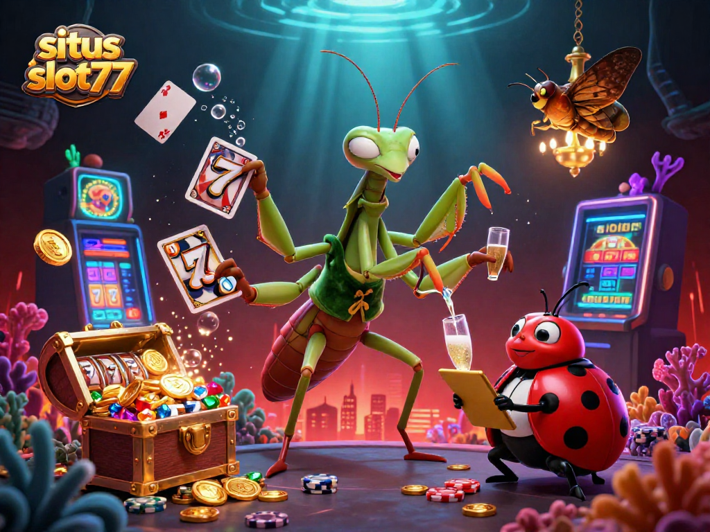 Situs slot777 showcases an exciting gambling scene with a giant praying mantis card sharp and ladybug pit boss amidst dynamic slot elements and underwater treasures.