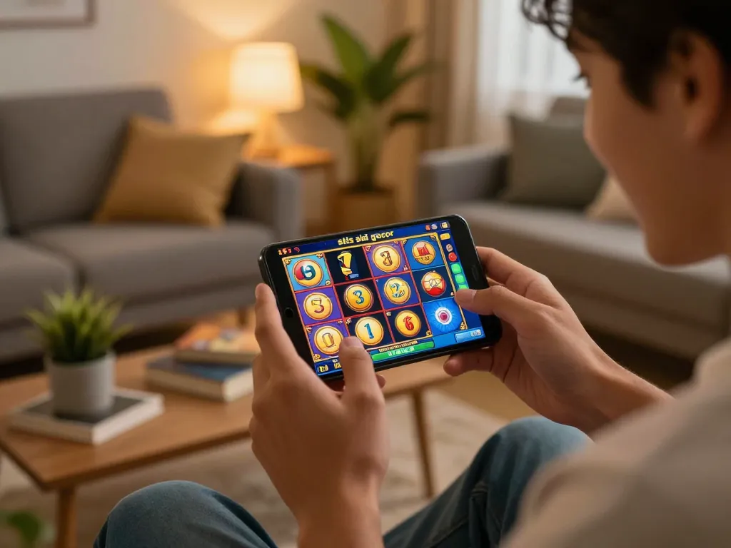 situs slot gacor mobile gaming experience in a cozy home setting, highlighting dynamic gameplay.