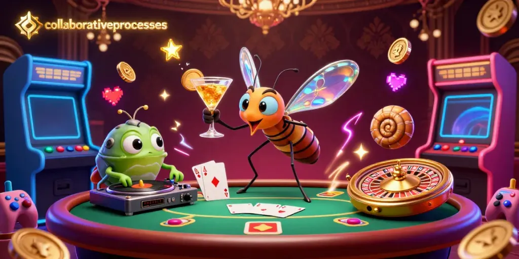 The vibrant poker scene features the collaborativeprocesses mascot, showcasing casino excitement with glowing game elements.