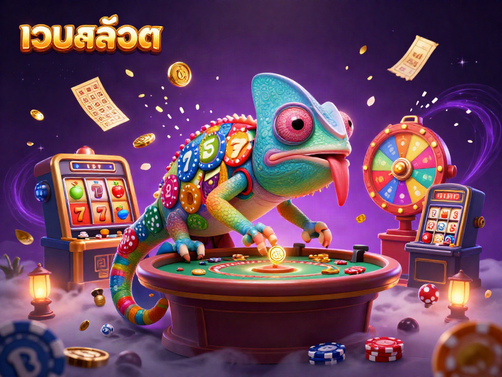 Engage with เว็บสล็อต through vibrant slot action featuring a chameleon casino owner amidst dynamic game elements.