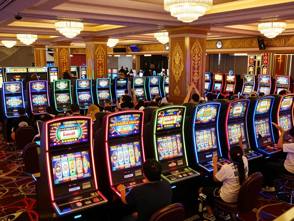 Engaging players celebrating wins on colorful slot thailand machines, vibrant casino atmosphere filled with excitement.