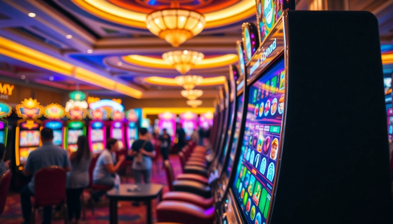 Berinteraksi dengan bandar slot di mesin slot yang cerah dan mewah di kasino.