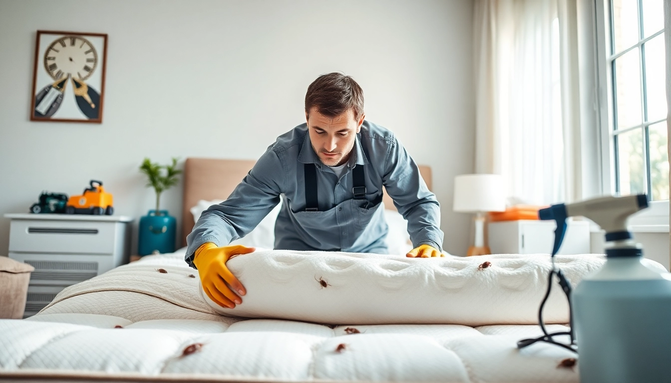 Assessing bed bug exterminator cost with a professional pest control technician.