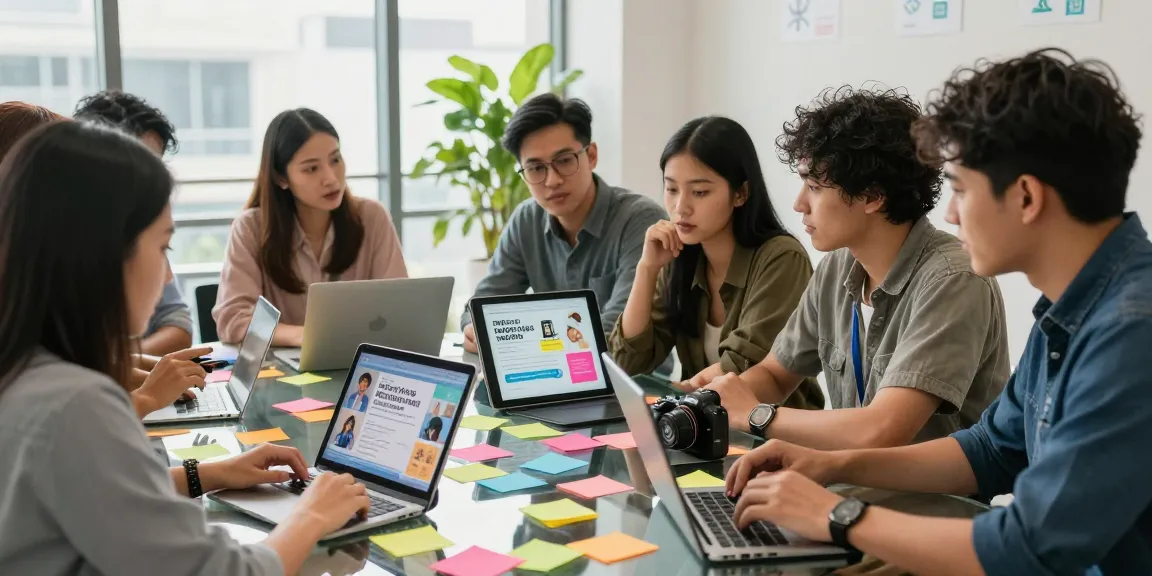 Creative team collaborating on social media branding services in Malaysia, showcasing vibrant brainstorming atmosphere.