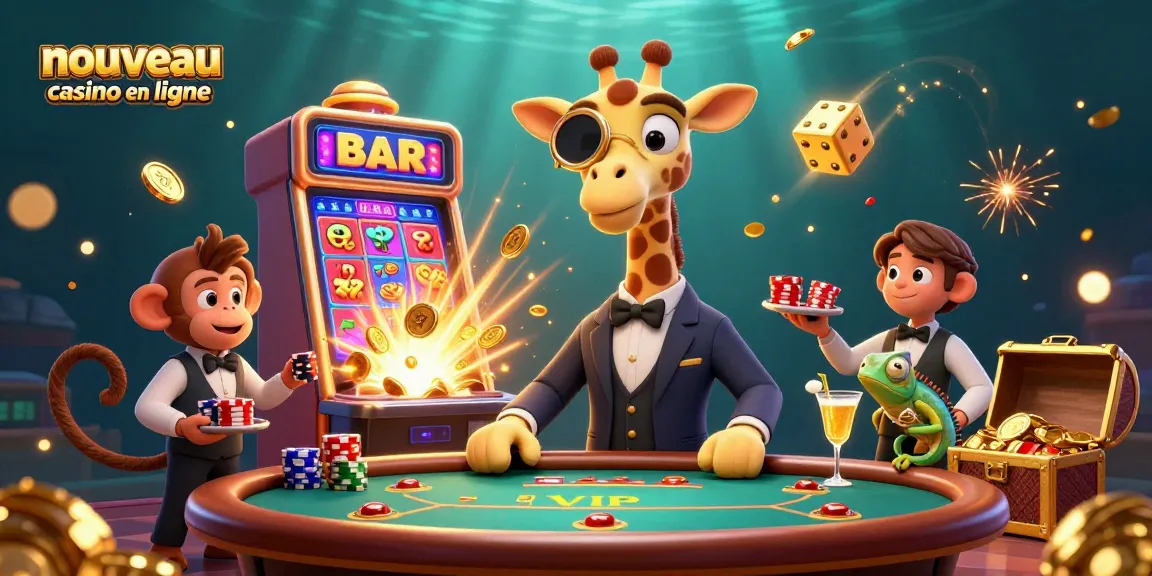 Découvrez un nouveau casino en ligne avec un croupier girafe, des jetons et des machines à sous colorées.