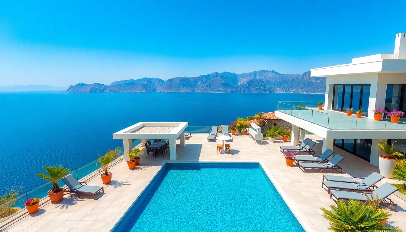 View of a luxurious villa emphasizing the desire to buy property in alanya with sea and mountain backdrop.