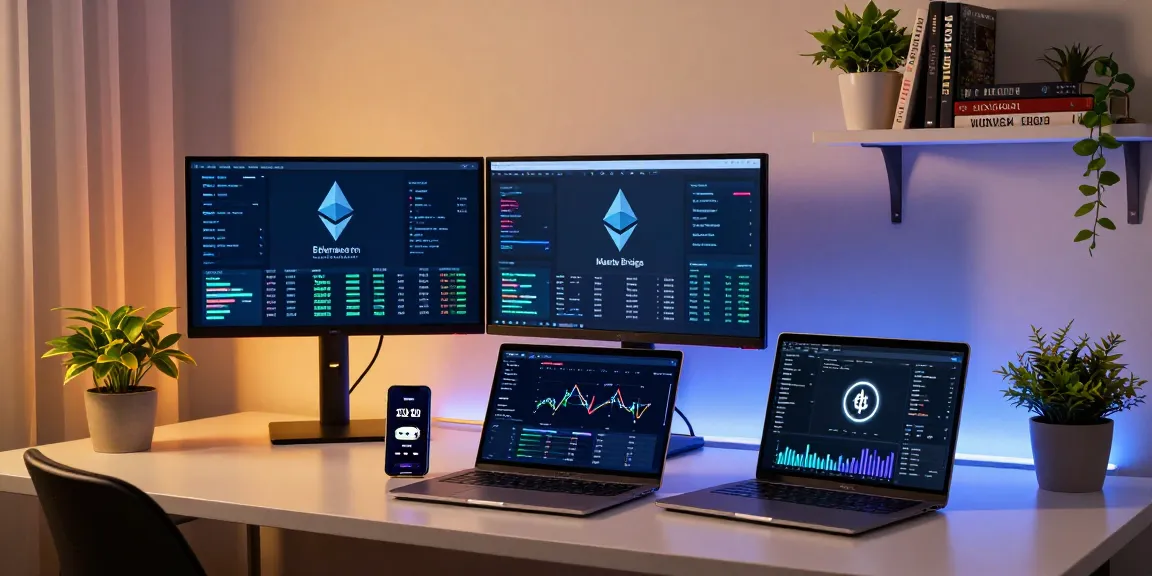 Manta Bridge displayed on dual monitors in a professional cryptocurrency trading setup, showcasing Ethereum charts and digital wallet screens.