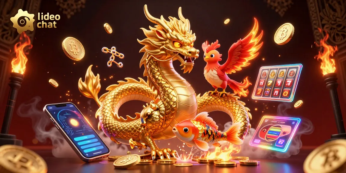 Engaging live video chat scene featuring a fierce dragon, a phoenix, and a koi fish amid vibrant gambling elements.