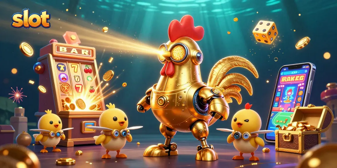 Spin slot reels and win with a golden rooster robot and baby chick drones in action.