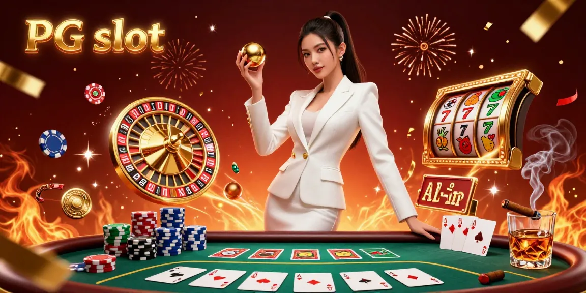 Experience the excitement of PG slot with vibrant casino elements, a confident dealer, and lottery-worthy visuals.