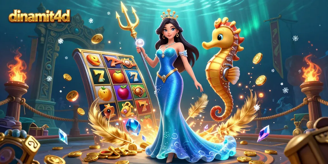 Engage in thrilling gameplay with dinamit4d, showcasing a beautiful woman and a seahorse king in an underwater casino scene.