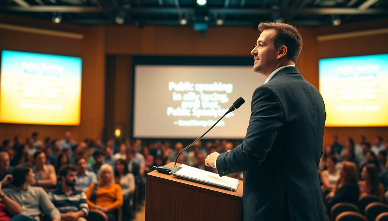 Enhance skills in Overcoming Fear of Public Speaking with a speaker at a podium inspiring an audience.