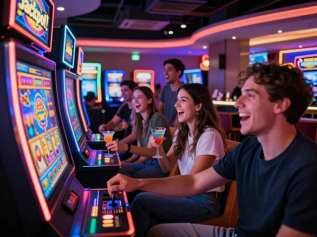 Sahabat merayakan kemenangan besar di mesin situs slot di kasino yang ramai.