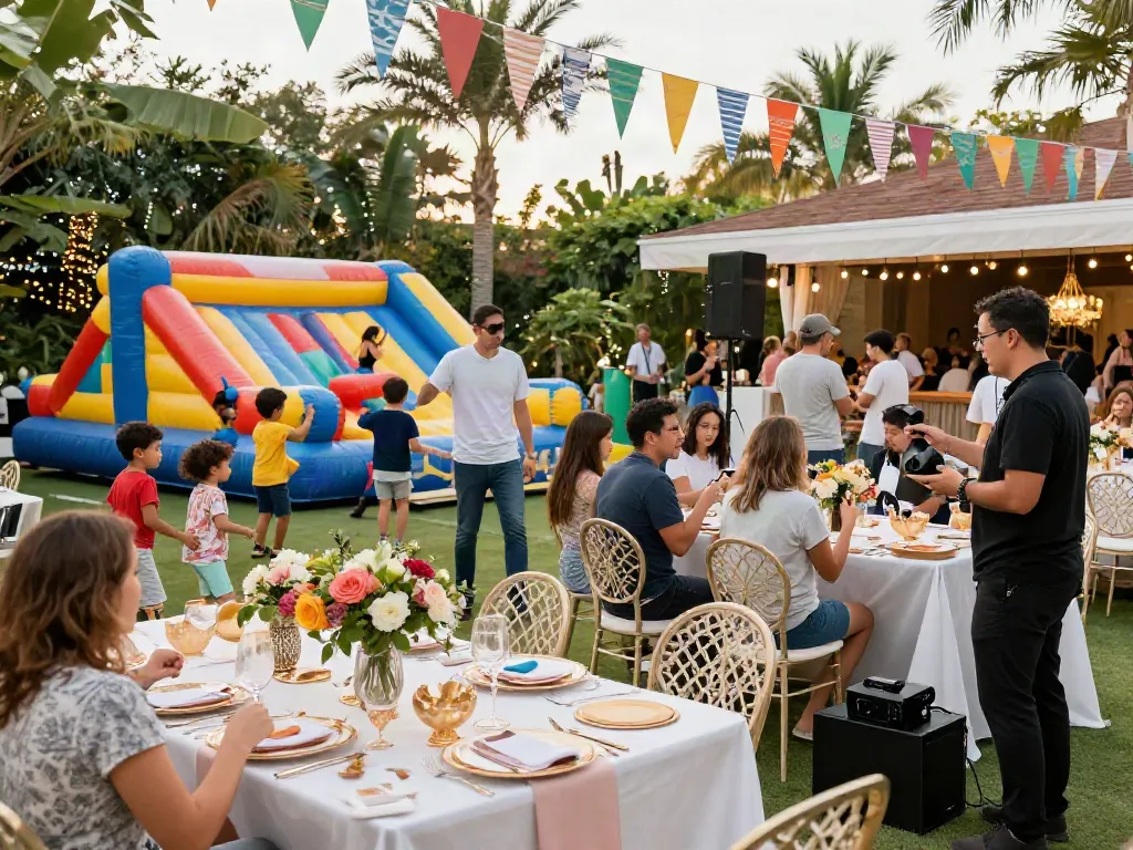 Event rentals showcase with families enjoying outdoor celebrations, featuring elegant décor and vibrant activities.