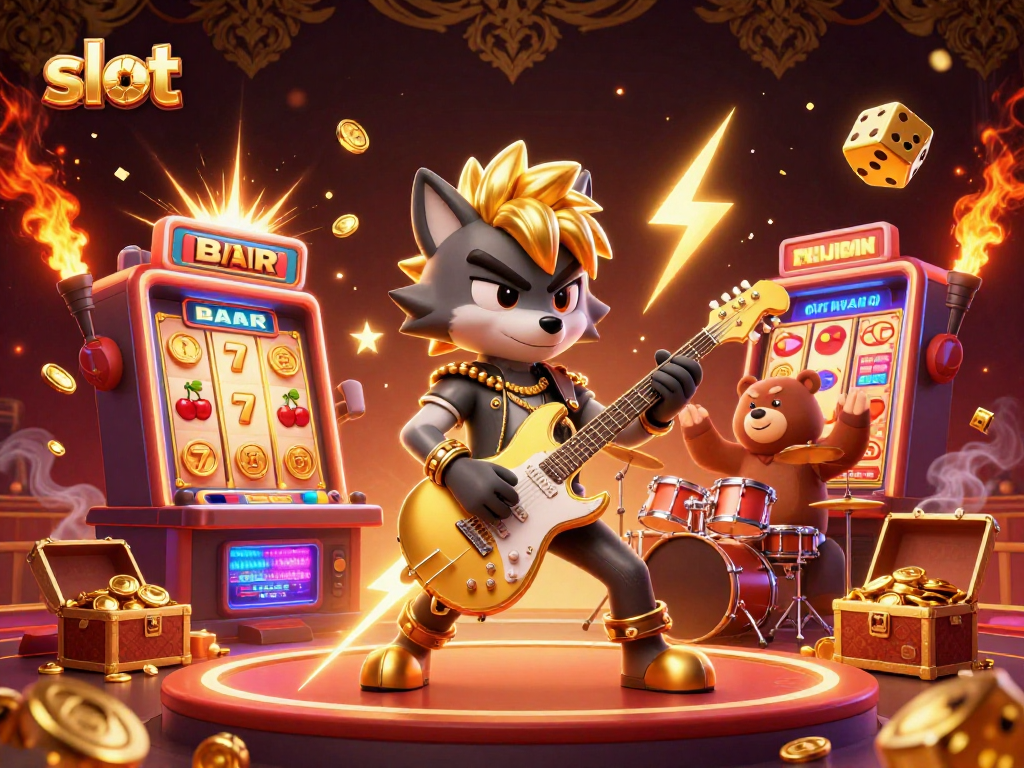 Spin the slots and enjoy explosive jackpots with vibrant characters and a lively casino backdrop.