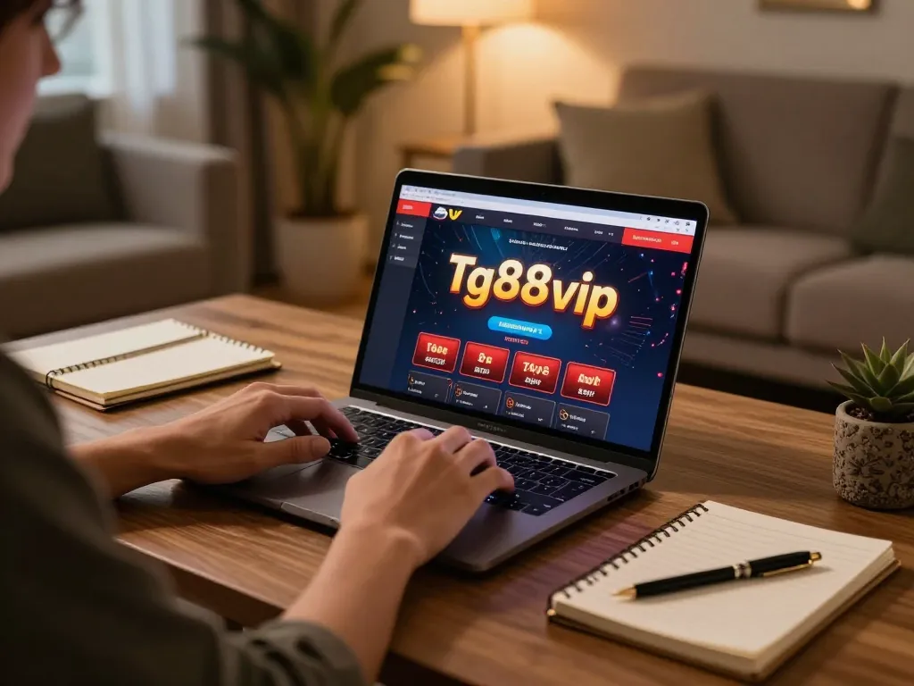 Playing tg88 vip on a laptop with strategic notes and cozy home setup.