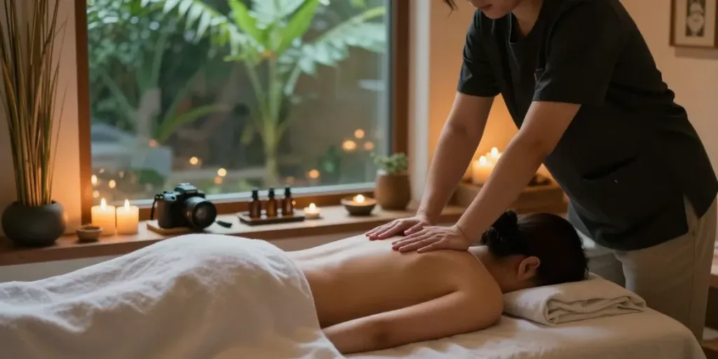 Experience 대치동출장마사지 in a serene spa with ambient candles and natural decor.