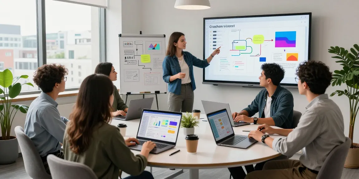 Collaboration scene showcasing the crushon app features in a modern marketing office