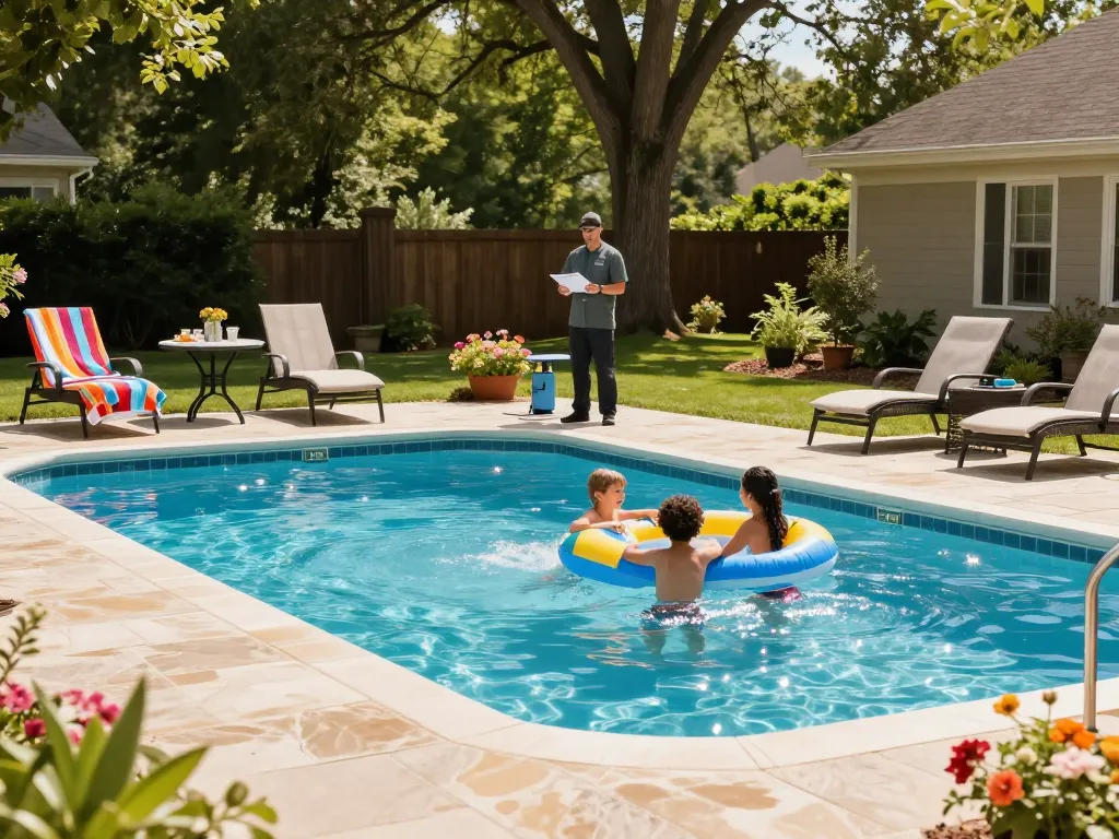 Dolphin Pool Services team ensuring a safe and clean backyard pool environment for family fun in Virginia.