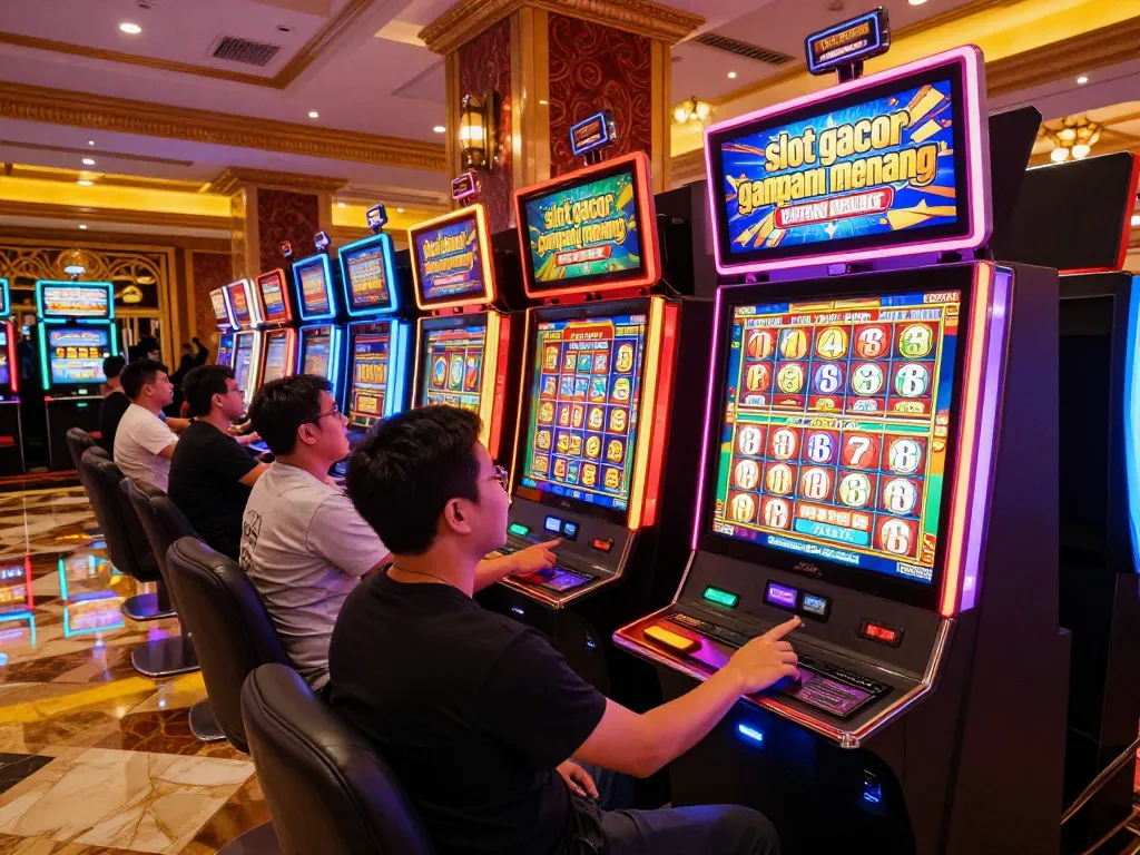 Experience the thrill of 'slot gacor gampang menang' with players celebrating big wins at vibrant slot machines.