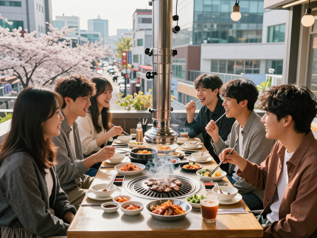 강남 달토에서 친구들과 함께 즐기는 현대적인 한식 바비큐 장면.