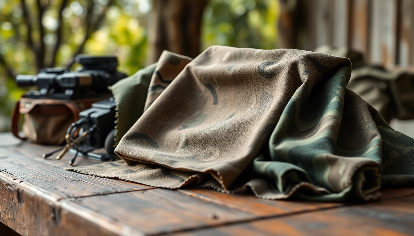 Camouflage stoffen in verschillende patronen op een houten tafel voorhanden.