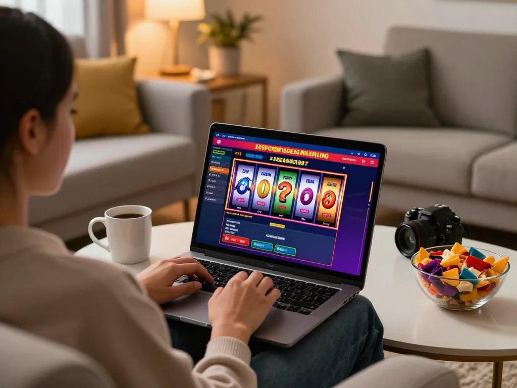 Person enjoying เว็บสล็อต online slots on laptop in a cozy living room.