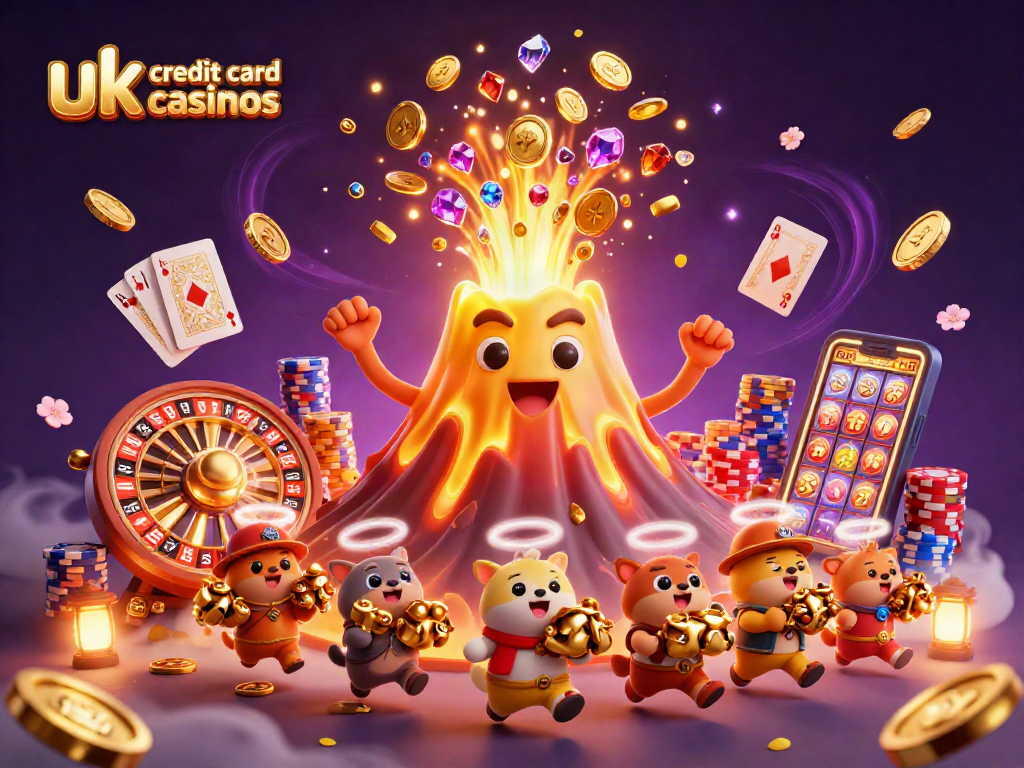 Engage with uk credit card casinos featuring a triumphant volcano and treasure-seeking animals amidst a vibrant casino scene.