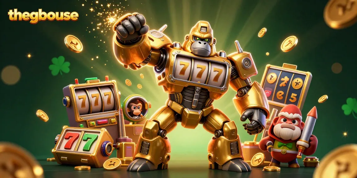 Engage with thegbhouse's dynamic 3D illustration of a golden gorilla mech surrounded by vibrant slot game elements.