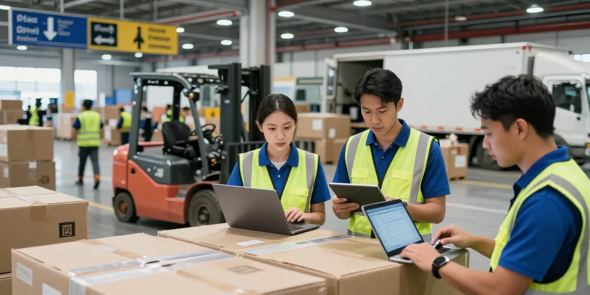 Effiziente Transporte Dortmund in einem geschäftigen Logistikzentrum, wo Teamarbeit und moderne Technologie zusammenkommen.