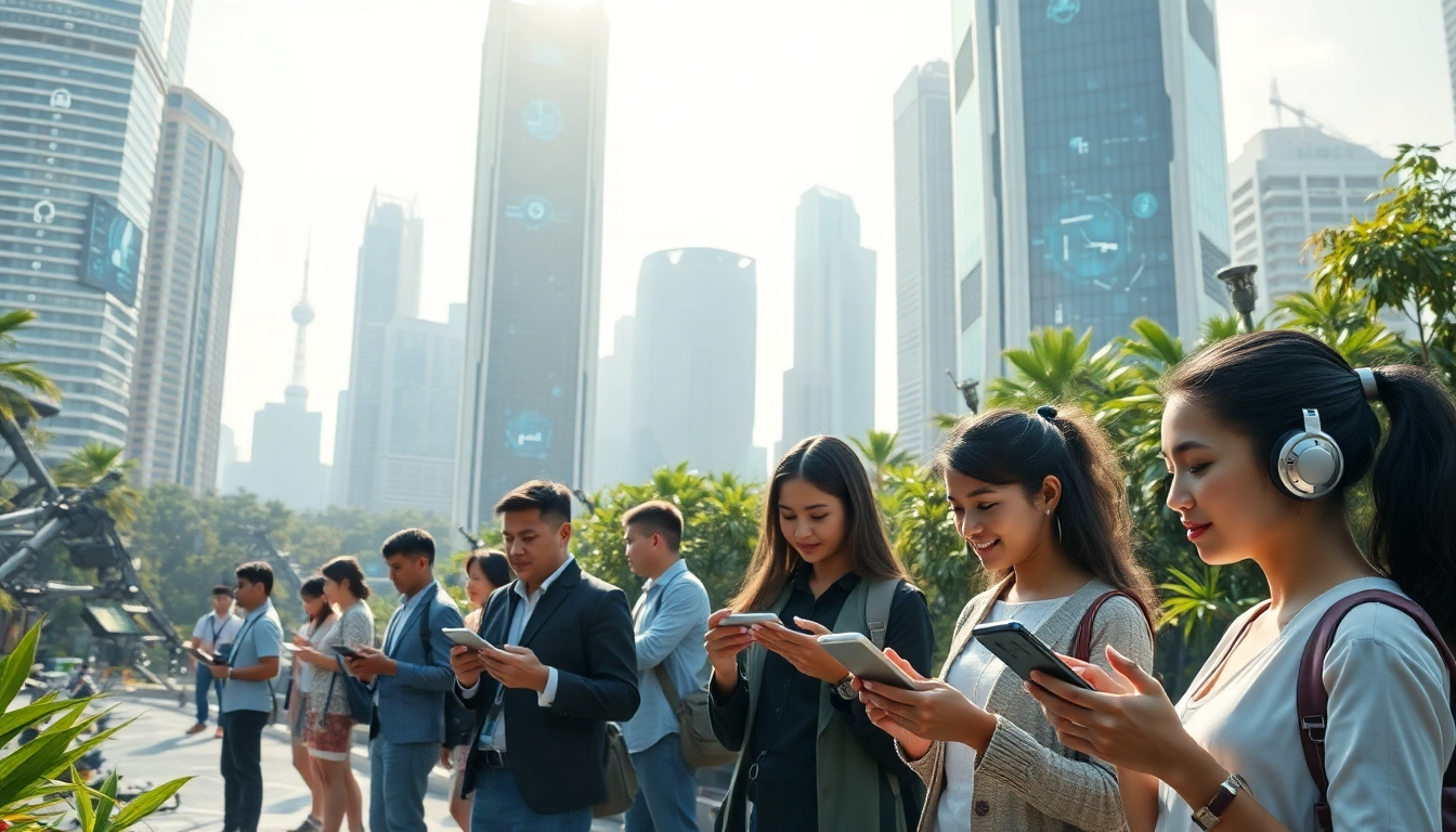 Engaged individuals utilizing technology in a vibrant cityscape showcasing modern advancements.