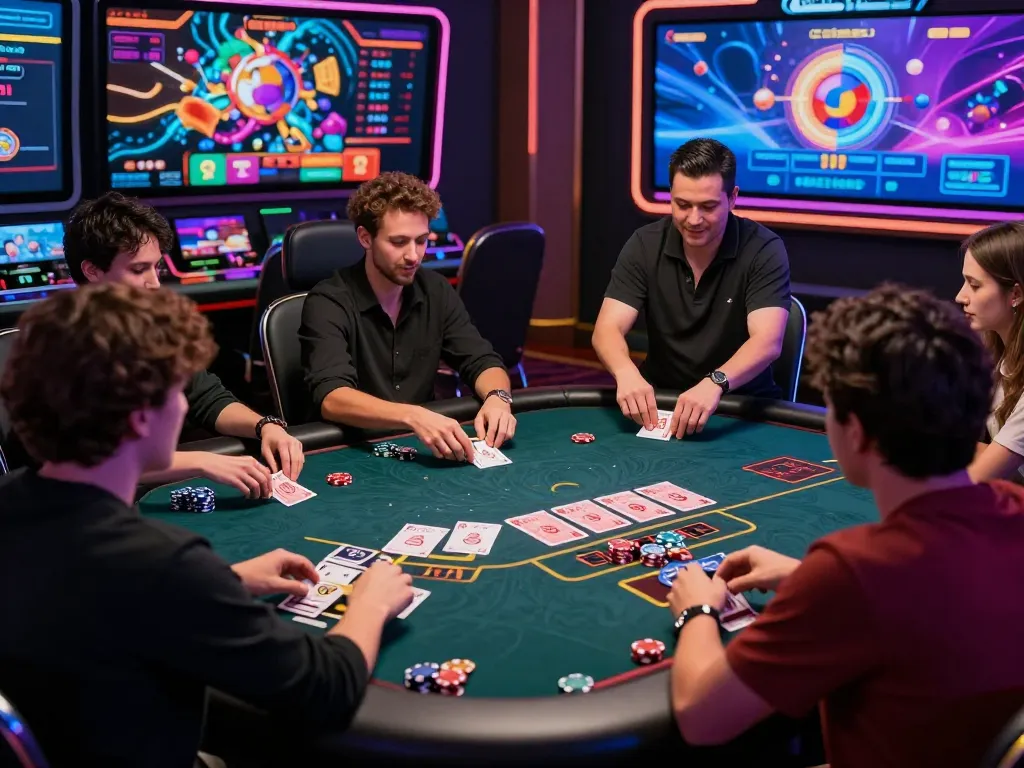 Engaging players enjoying online baccarat gameplay, showcasing vibrant casino ambiance and dynamic gaming interface for 바카라사이트.